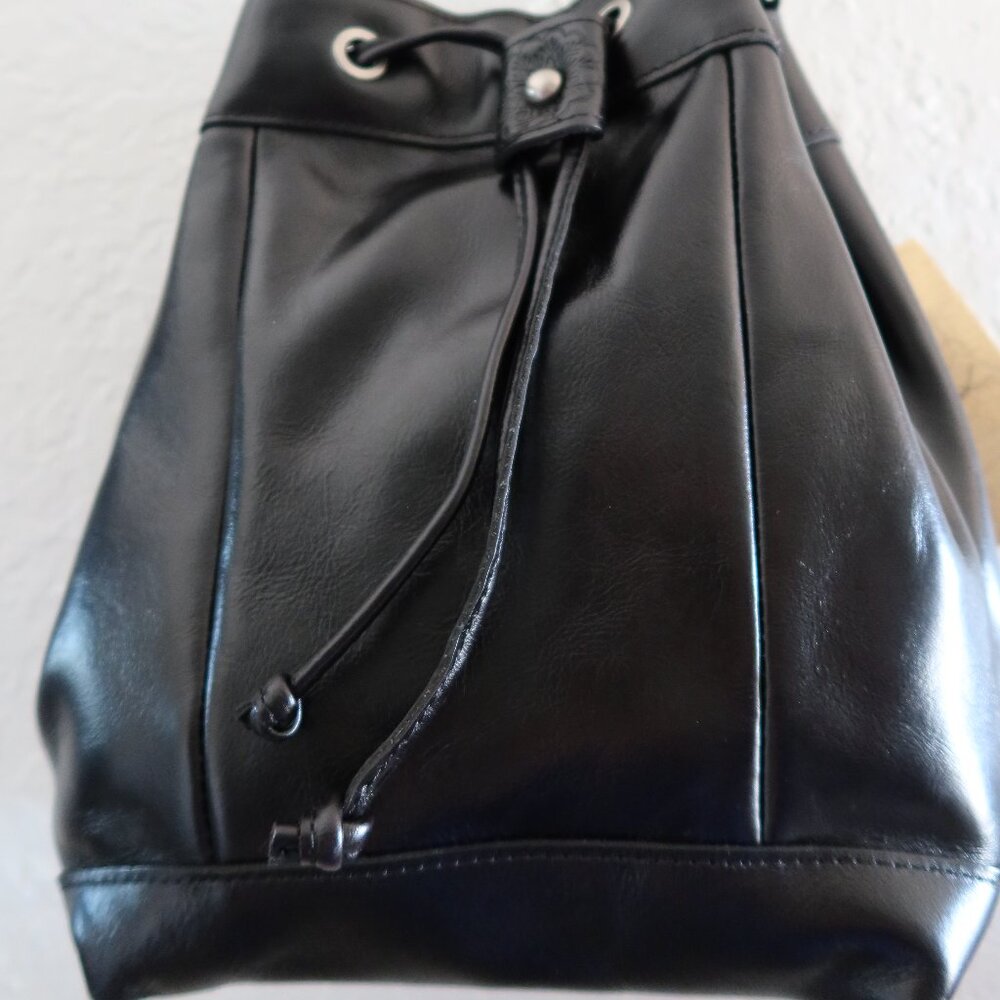 Patricia Nash Leather Hallie Drawstring Bucket Bag Black